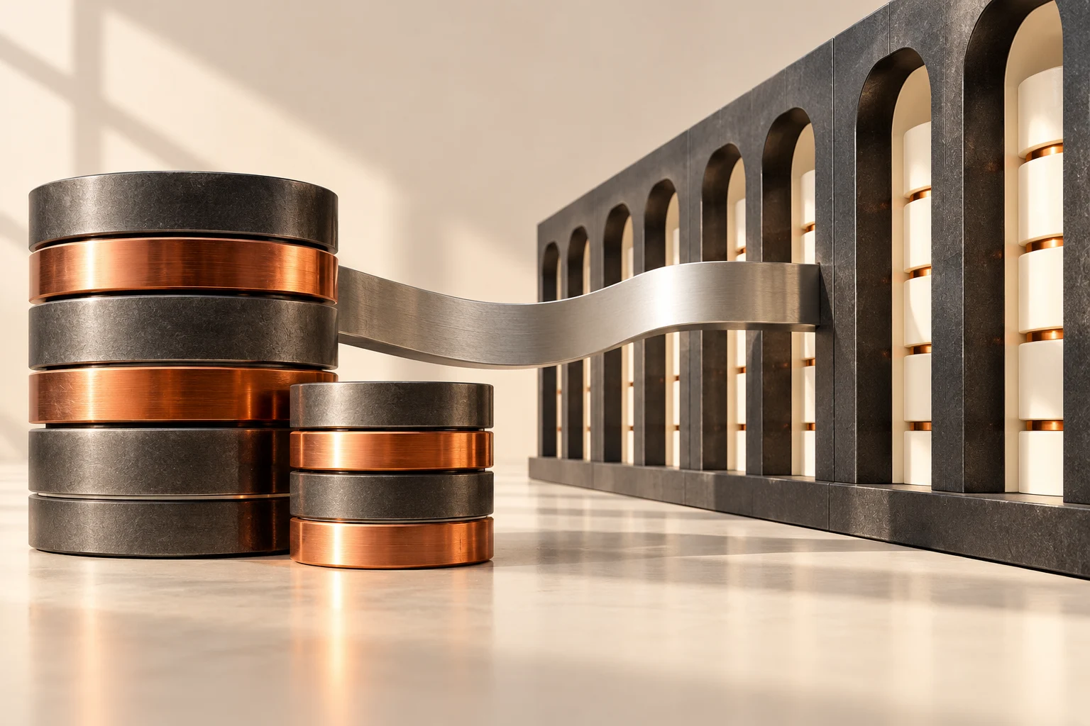 Copper and graphite database structures with connected rows and stacked storage forms